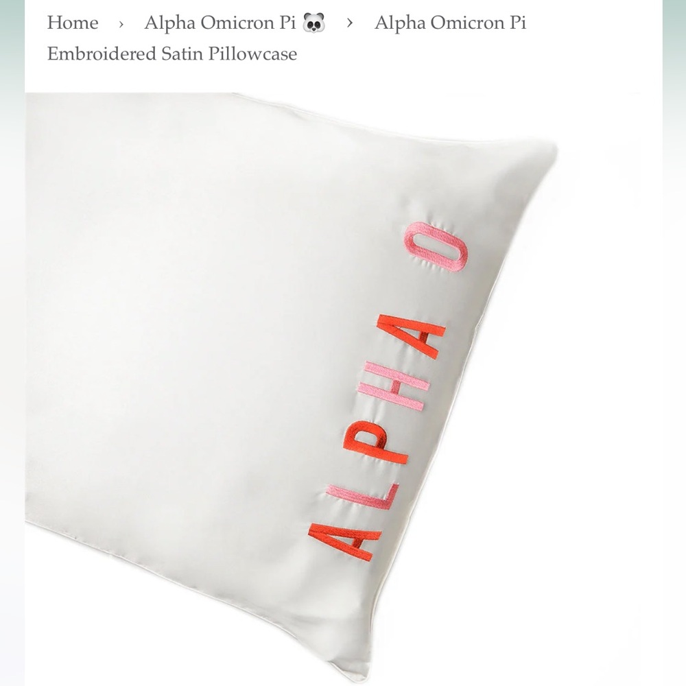 NWOT Alpha Omicron Pi Embroidered Satin Pillowcase